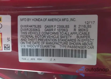 2018 Honda Accord Sport from USA, damaged, VIN 1HGCV1F33JA067744